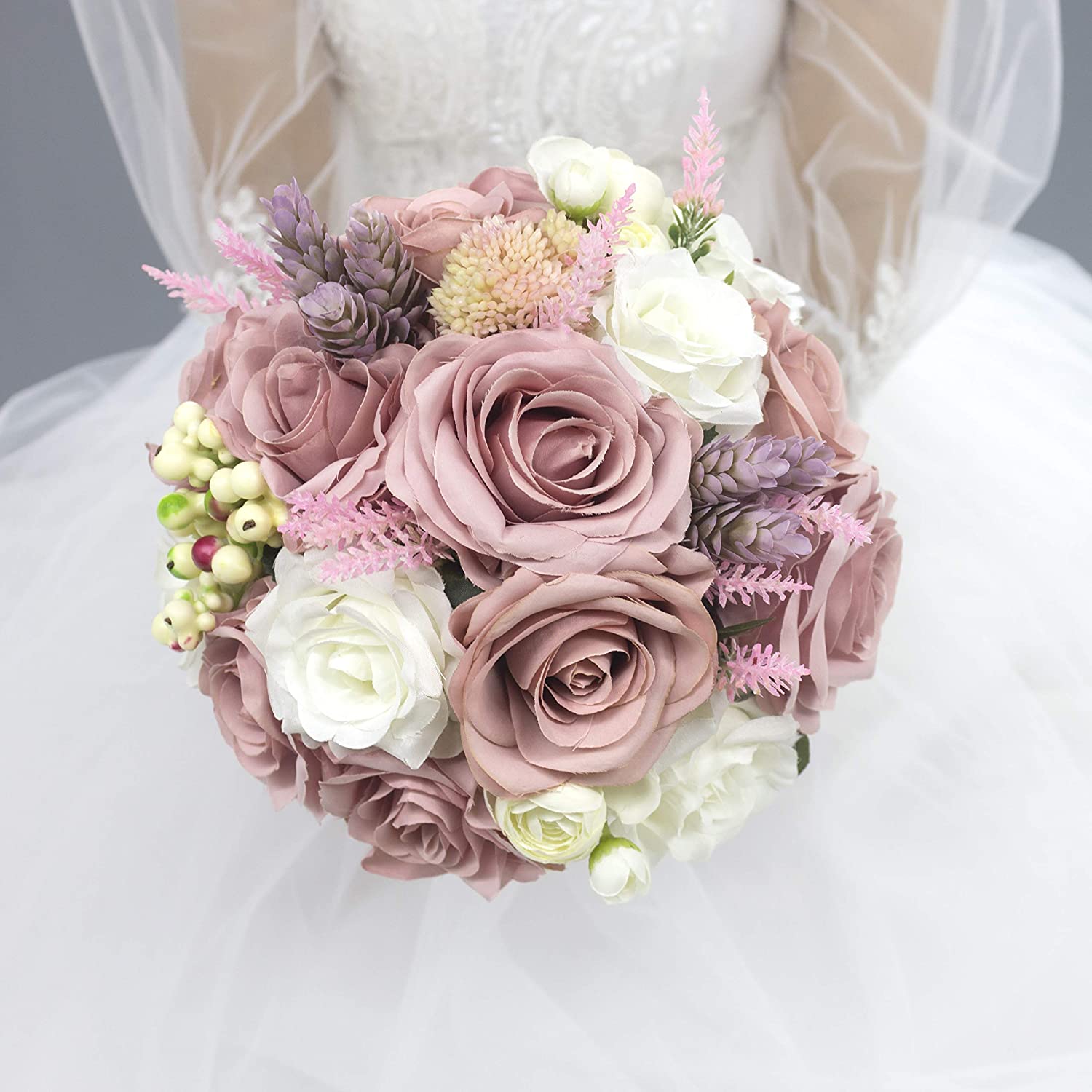Bridal Wedding Bouquet - 9 inches Dusty Pink White Roses with Vintage Burlap Handle and Succulents Berries