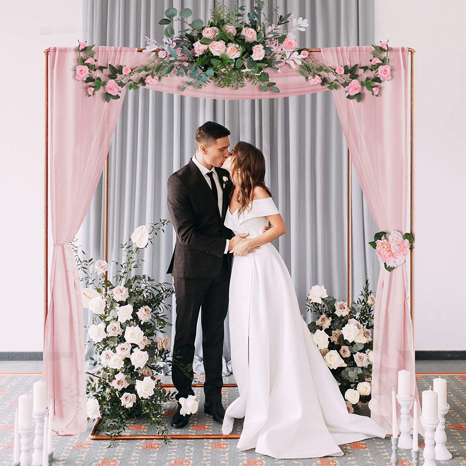 Artificial Wedding Arch Flowers Kit(Pack of 4) - Pink Floral Arrangement with Draping Fabric