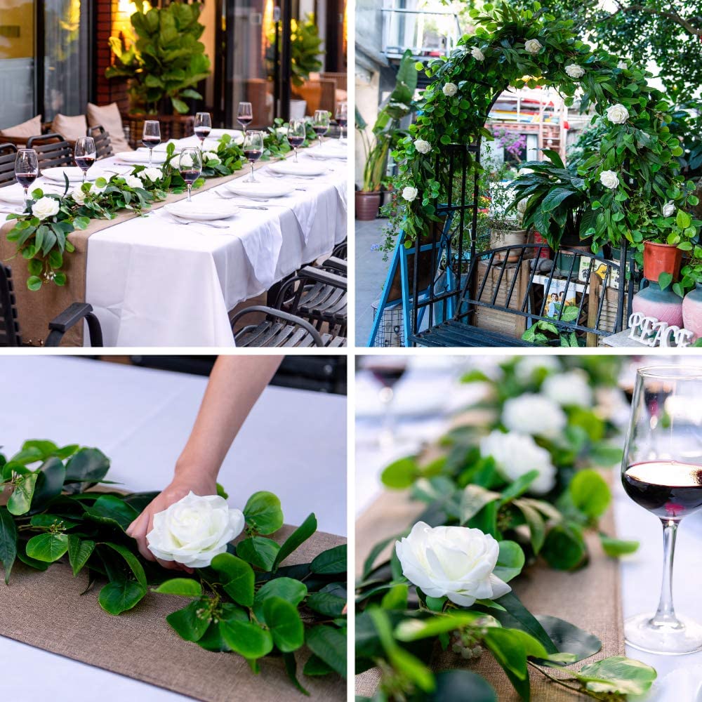 5 ft Artificial White Rose Flowers with Green Eucalyptus Leaves Garland