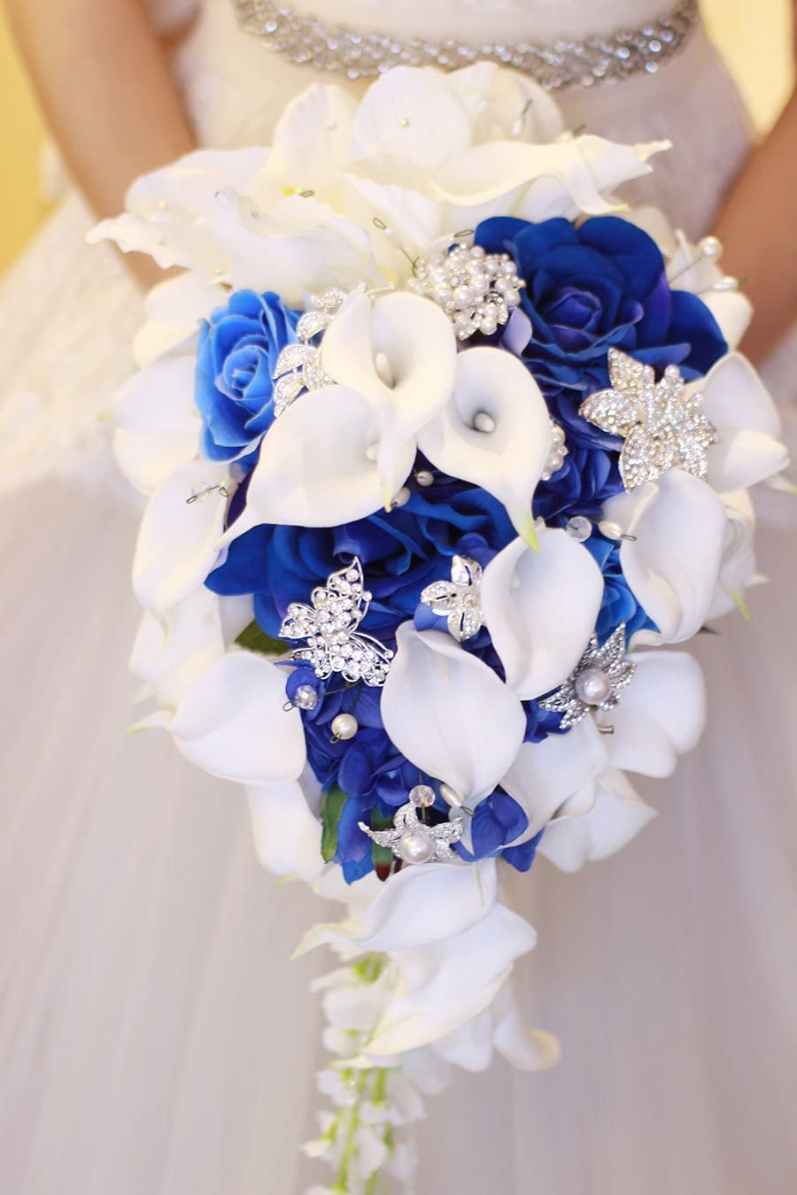 Blue and White Artificial Calla Lily Waterfall Wedding Bouquet