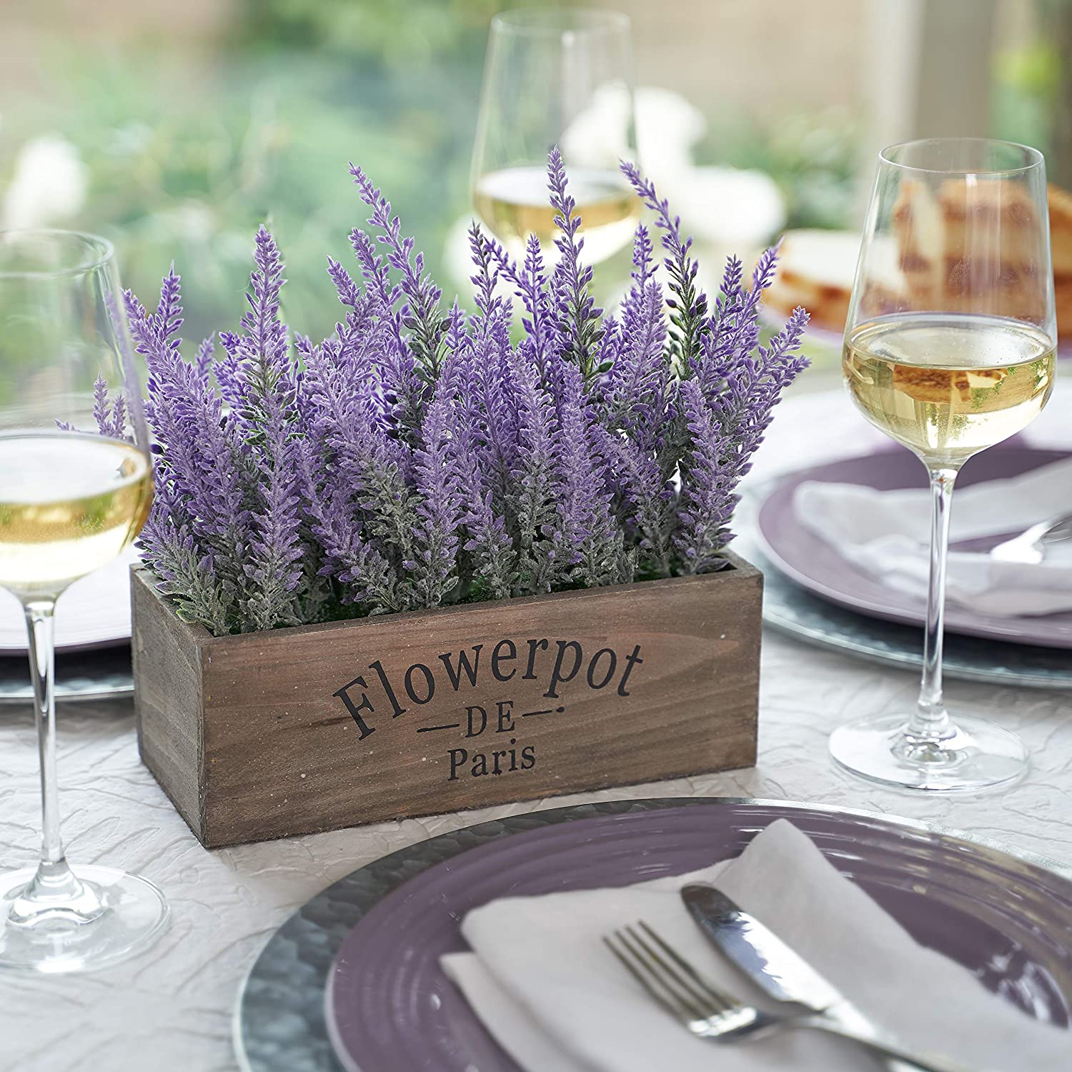 Artificial Lavender Plant with Silk Flowers for Wedding Decor and Table Centerpieces (Lavender w/ Rectangular Pot)