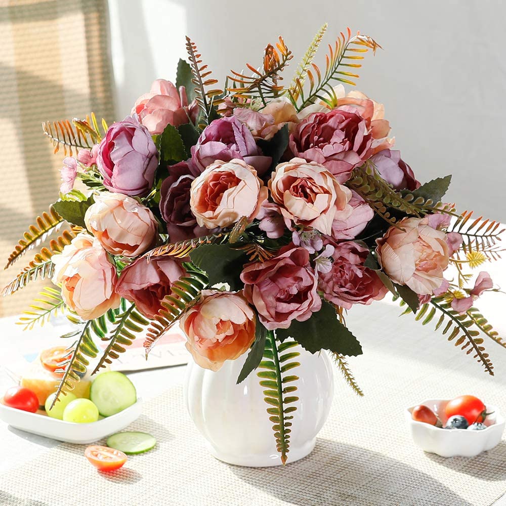 Artificial Peony Bouquets with Ceramic Vase and Silk Flowers for Wedding Centerpieces