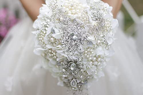 White Hydrangea Drop Brooch Bouquet with  Silver crystals - teardrop wedding bouquet