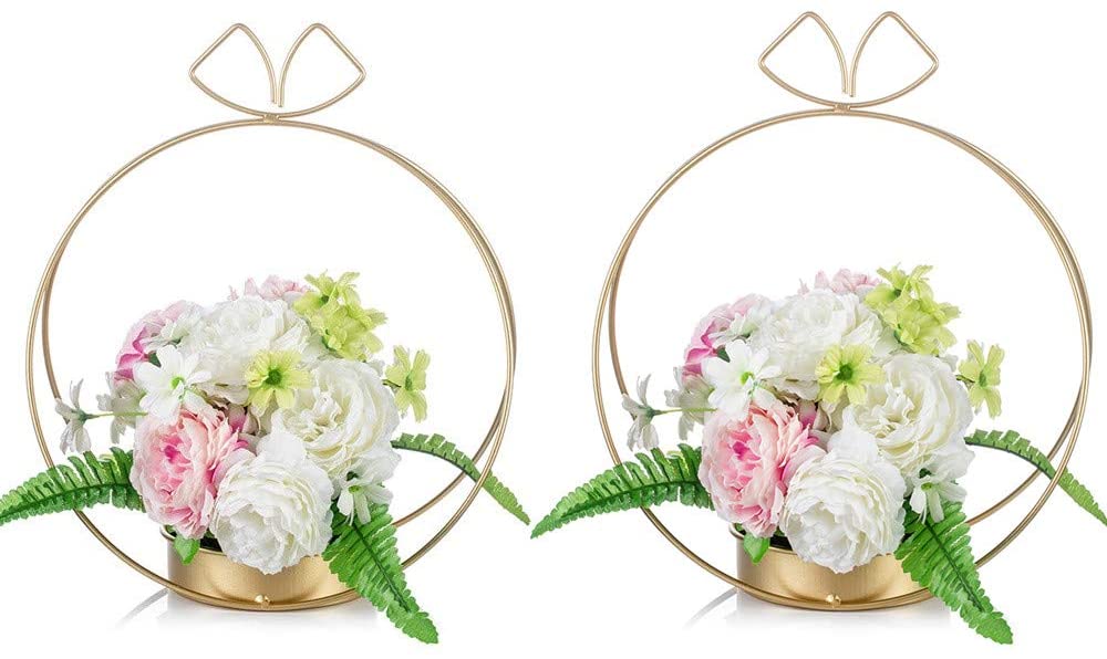 2 Pcs Metal Gold Flower Basket Flower Arrangement Wrought Iron Portable Hanging Floral Gift Box