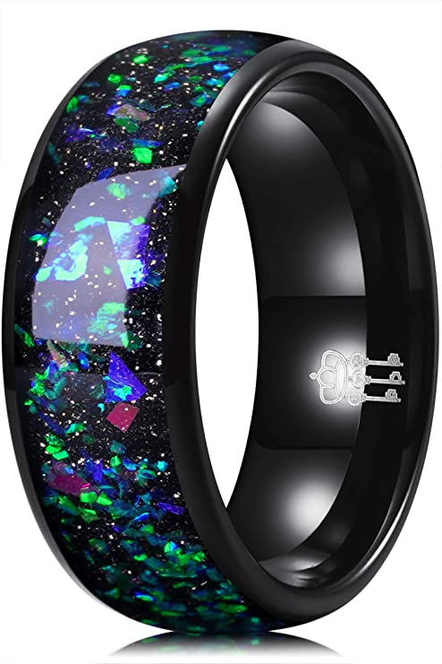 alternative wedding rings, alternative wedding bands, 8mm Galaxy Collection Black Tungsten Wedding Rings with Blue Green Opal Inlay