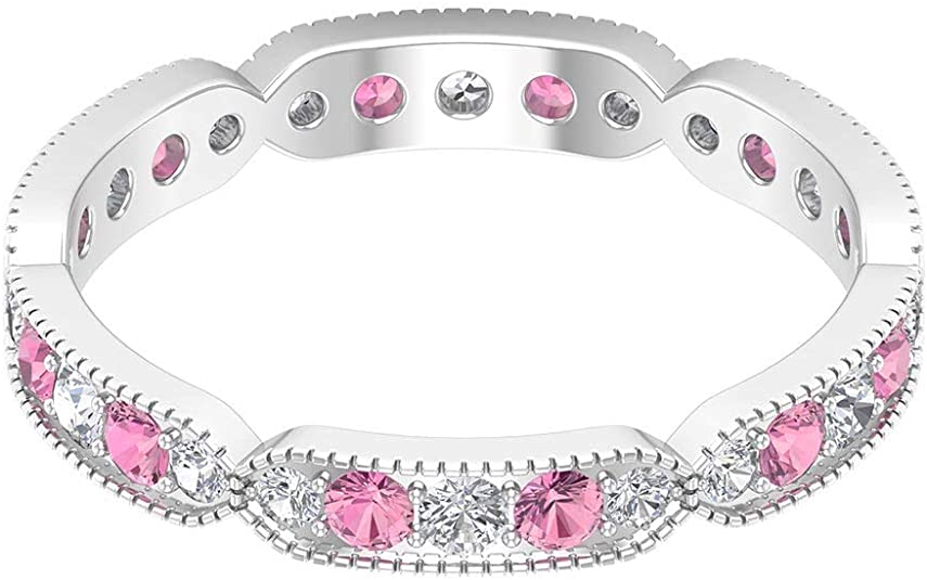 1/2 Ct Certified 2mm Tourmaline Beaded Engraved Ring Diamond Alternative Wedding Band, alternative wedding rings, alternative wedding bands, pink wedding rings, pink wedding bands