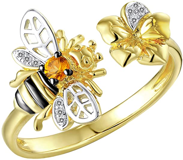 14K Yellow Gold Bee Wedding Ring with White Diamond and Citrine Gold, alternative wedding rings, alternative wedding bands, bee wedding rings, bee wedding bands