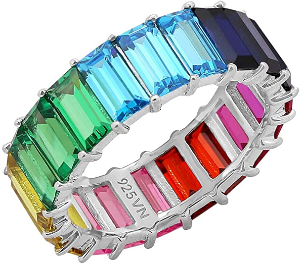 Multicolored Rainbow Princess Baguette Cut Cubic Zirconia Eternity Band Wedding Ring, alternative wedding rings, alternative wedding bands, rainbow wedding band, rainbow wedding ring