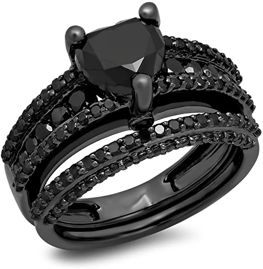 2.30 Carat Black Rhodium Plated Black Diamond Heart Shaped Engagement Ring Set, alternative wedding rings, alternative wedding bands, black engagement ring set, black wedding rings