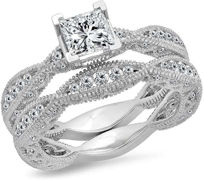 antique design engagement rings, Princess & Round Cut White Diamond Ladies Bridal Engagement Ring Set, unique diamond bridal set