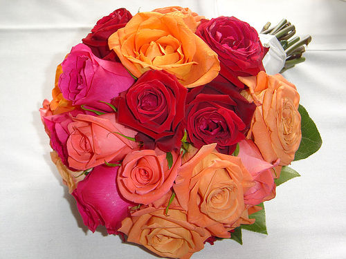 Fall Wedding Bouquet with Orange, Yellow and Red Roses