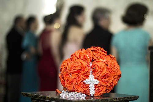 Orange Wedding Bouquet With Christian Cross Bouquet Jewelry