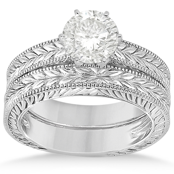 solitaire bridal set, bridal set, VINTAGE CARVED FILIGREE SOLITAIRE BRIDAL SET IN 14K WHITE GOLD