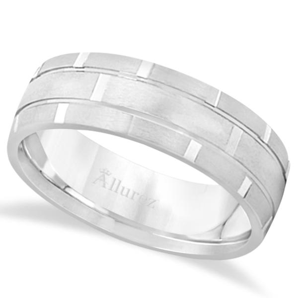 CONTEMPORARY CARVED MENS UNIQUE WEDDING RING 14K WHITE GOLD. carved mens wedding band, wedding bands, wedding rings