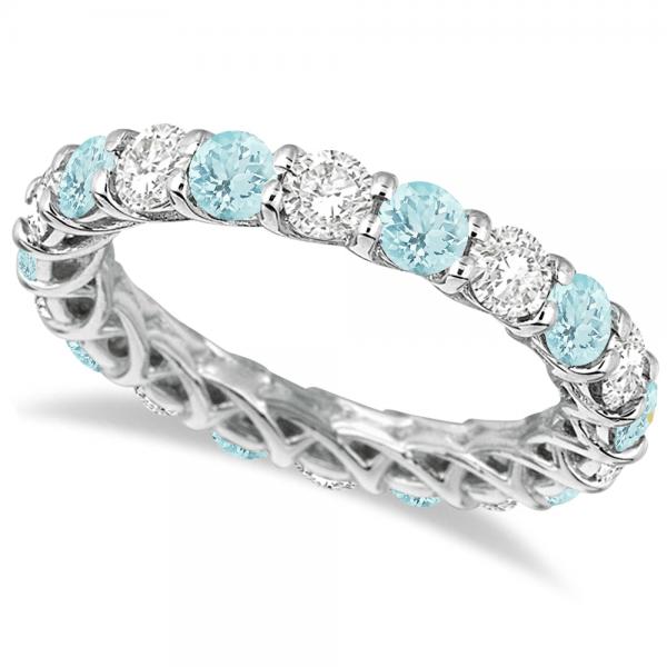 eternity wedding band, wedding band, eternity wedding ring, LUXURY DIAMOND & AQUAMARINE ETERNITY RING BAND 14K WHITE GOLD