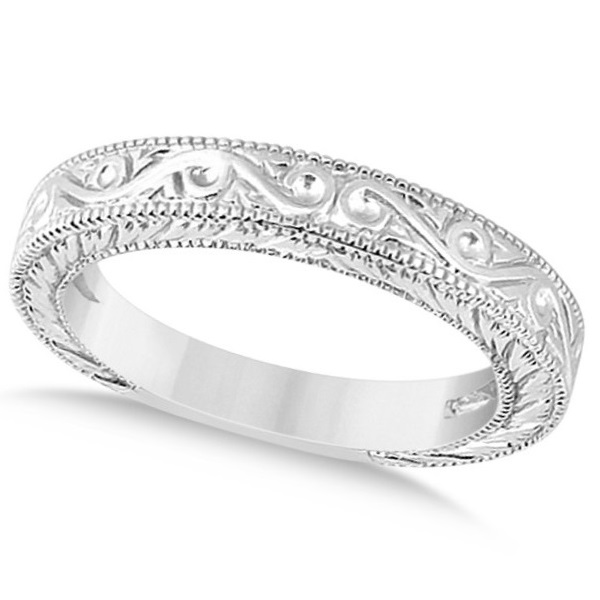 WOMEN'S UNIQUE FILIGREE WEDDING BAND W/ MILGRAIN EDGE 14K WHITE GOLD, engraved wedding ring, engraved wedding band