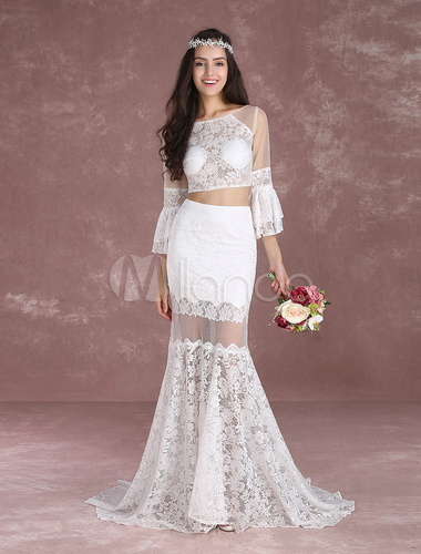 Crop Top Wedding Dresses Boho Beach Summer Bridal Dress Lace Mermaid Illusion Bell Sleeve Illusion Cut Out Bridal Dress With Train