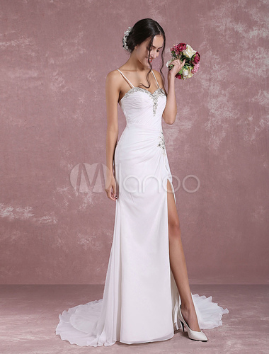 Mermaid Beach Bridal Dress High Split Sweetheart Beading Pleated Spaghetti Strap Bridal Gown With Train