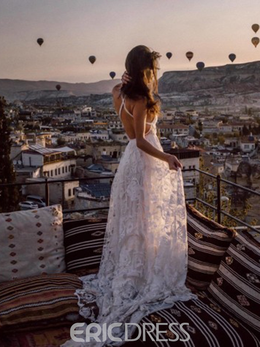 Spaghetti Straps Lace Beach Wedding Dress