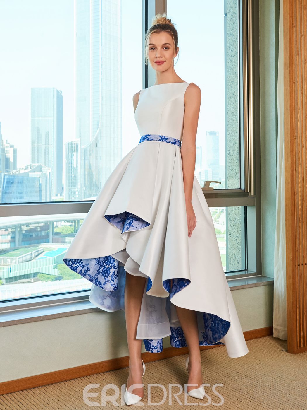 Bateau Neck Lace High Low White and Blue Beach Wedding Dress