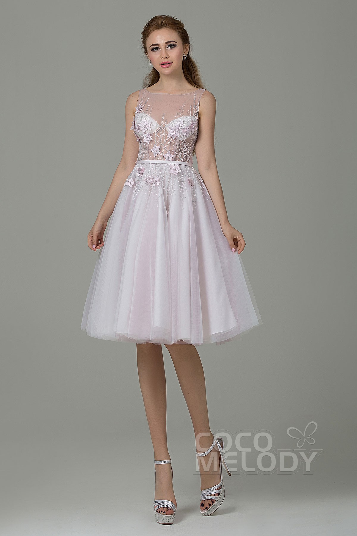 Beach Casual Wedding Dress - A-Line Knee Length Tulle Wedding Dress With Floral Embellishments