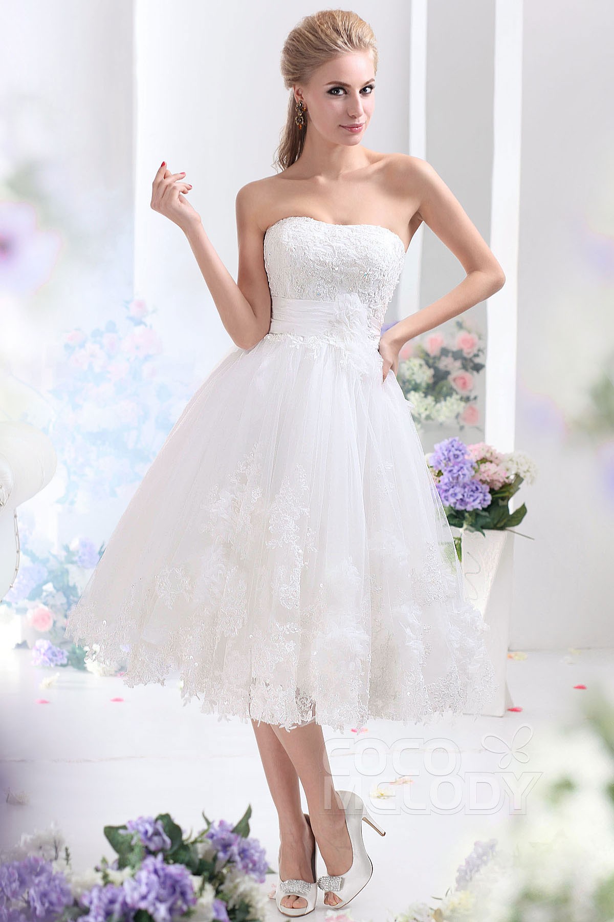 A-Line Tea Length Sweetheart Neckline With Lace Up Corset Tulle Wedding Dress