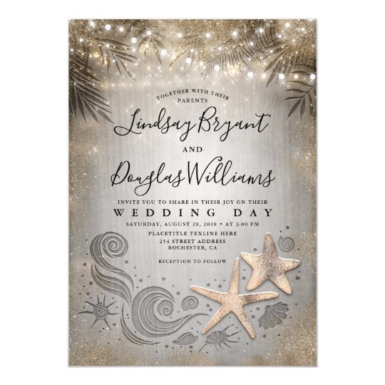 beach theme wedding invitations, beach wedding invitations, starfish wedding invitations, Gold Starfish Couple Tropical Beach Wedding Invitation