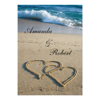 beach theme wedding invitations, beach wedding invitations, hearts in the sand wedding invitations