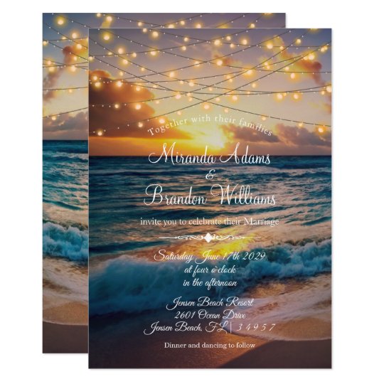 beach theme wedding invitations, beach wedding invitations, ocean wedding invitations, Elegant Sunset Beach String Lights Summer Wedding Invitation