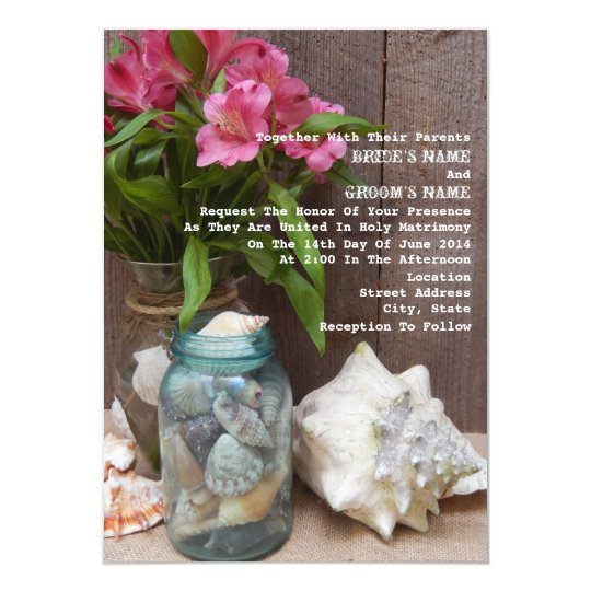 beach theme wedding invitations, seashell wedding invitations, floral wedding invitations, Rustic Beach Floral and Seashell Wedding Invitation, rustic wedding invitations,