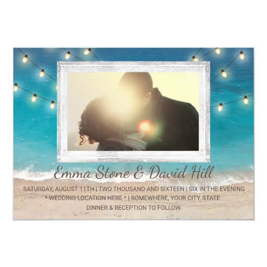 beach theme wedding invitations, Beach Wedding String Lights with Photo Invitation, beach photo wedding invitations, couple photo wedding invitation