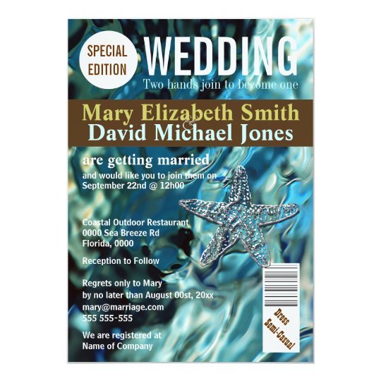 beach theme wedding invitation, Starfish beach wedding magazine Invitation, magazine style wedding invitation, unique wedding invitation