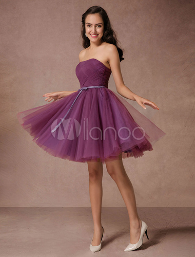 Short Bridesmaid Dress Plum Tulle Strapless Backless Dress With Sash