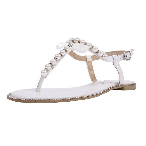 Women's Pearl T-Strap Bridal White Flat Beach Wedding Sandals