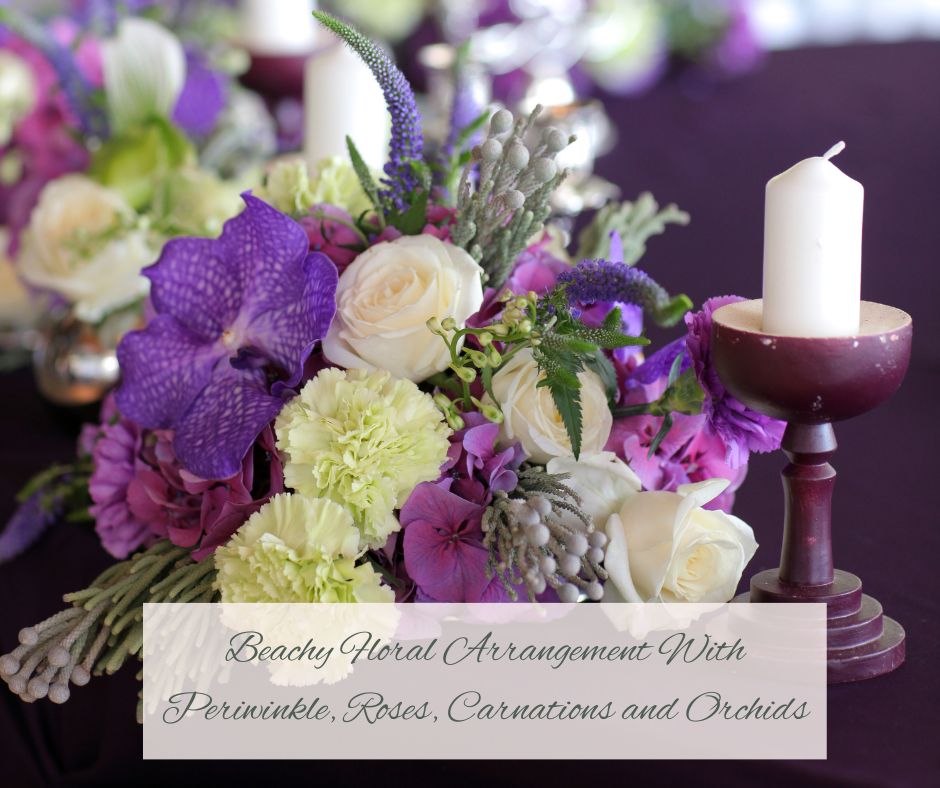Beachy Floral Arrangement With Periwinkle, Roses, Carnations and Orchids