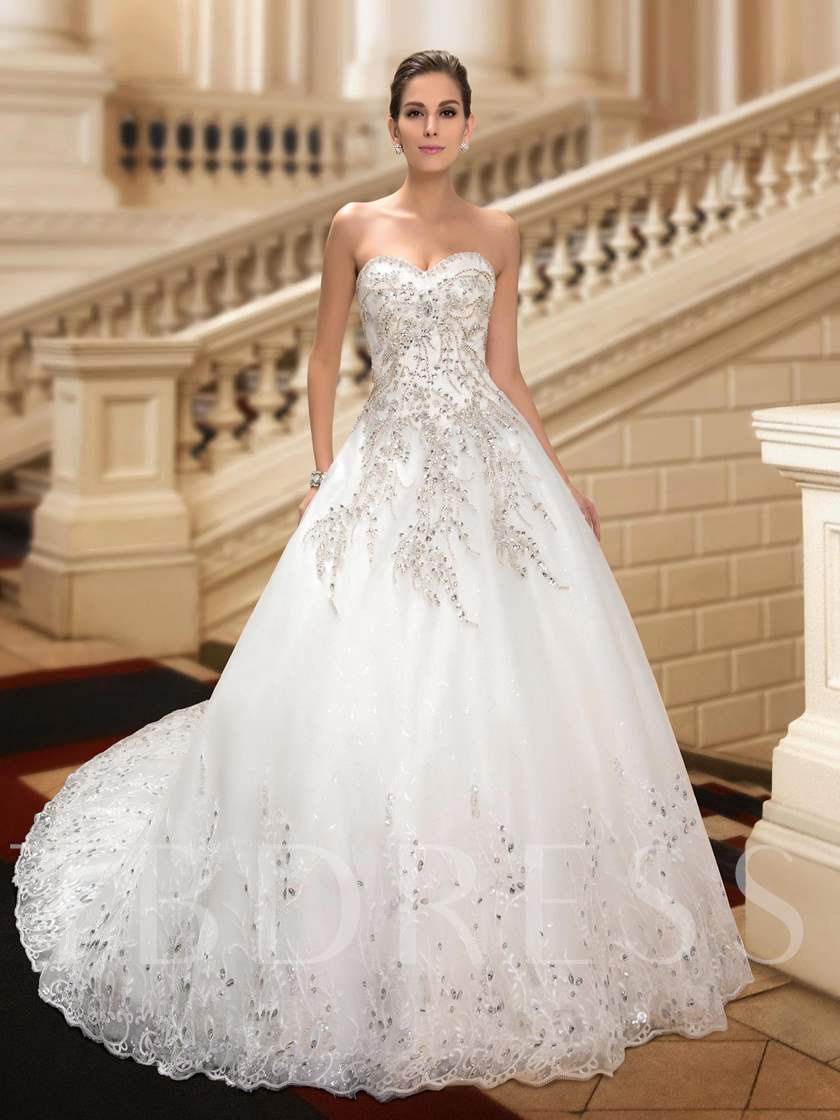 Beaded Sweetheart Chapel Train Wedding Dress