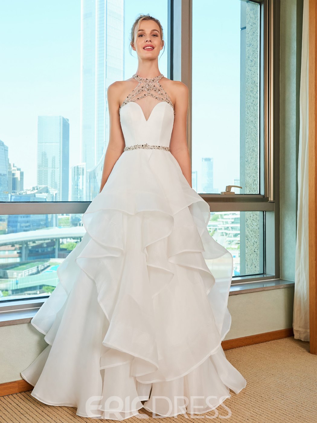 Beading Halter Tiered Ball Gown Wedding Dress