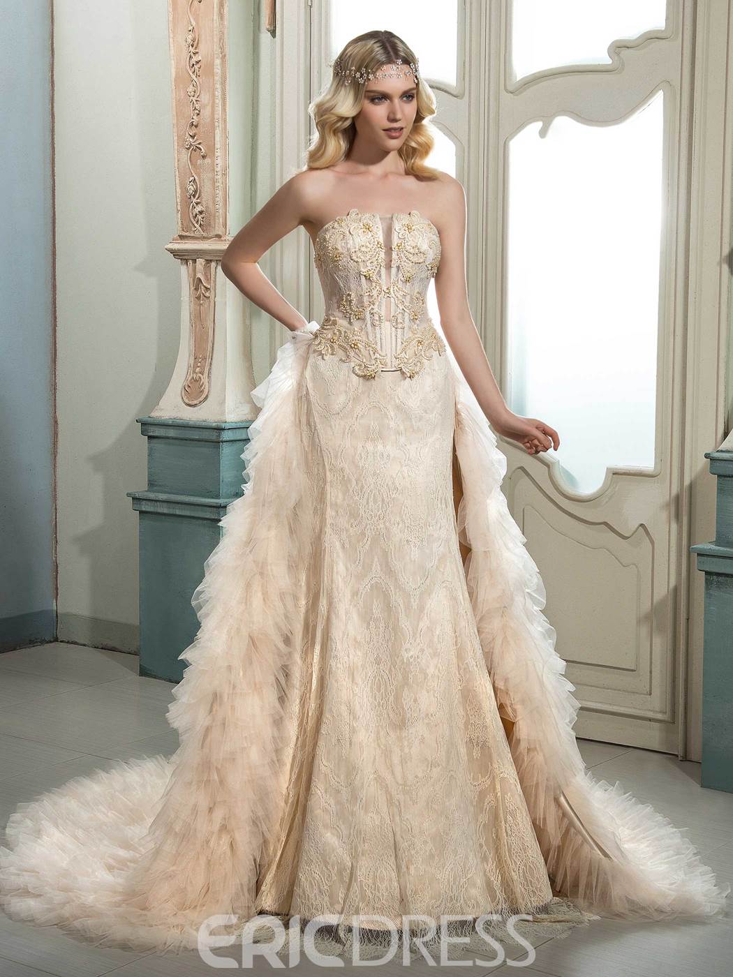 Strapless Beaded Lace Wedding Dress with Train