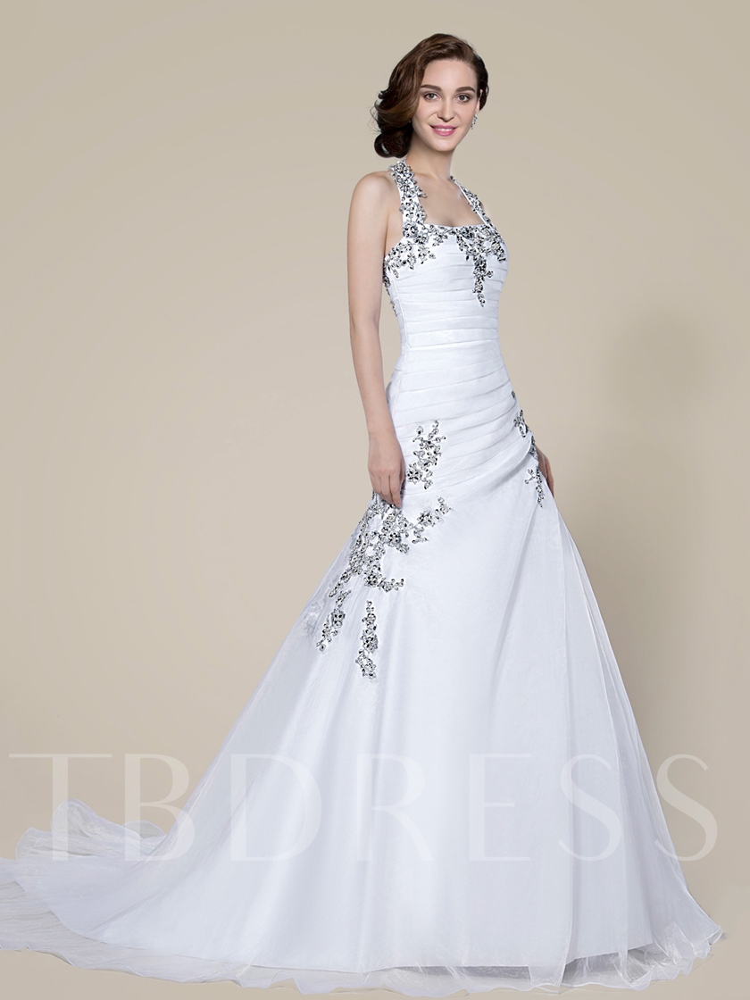 Halter Appliques Lace-Up Mermaid Wedding Dress