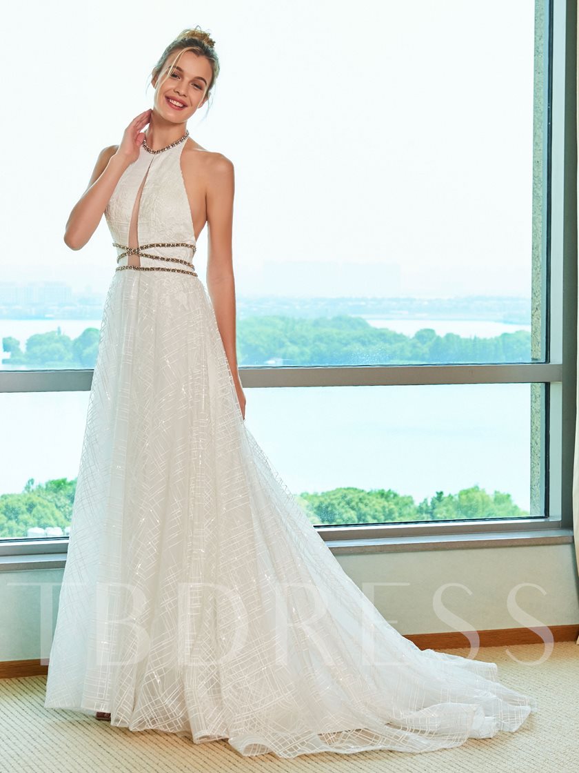 Beaded Halter Backless Lace Wedding Dress