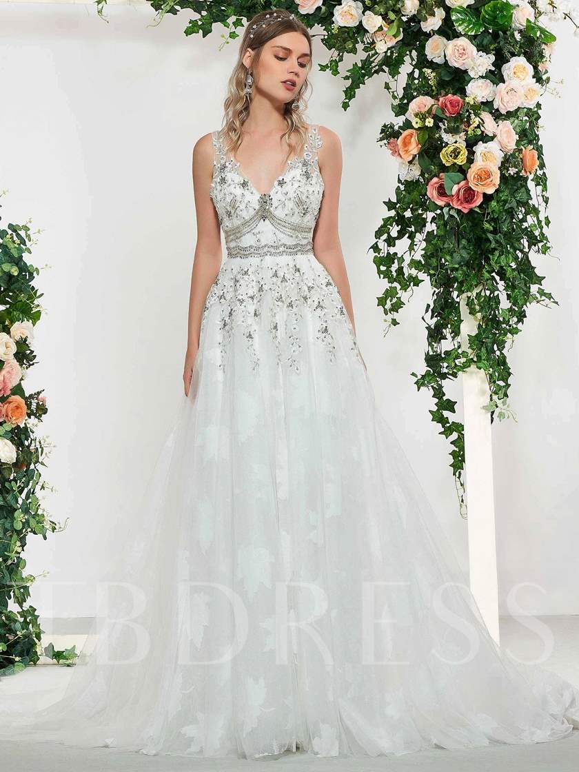 V-Neck Appliques Beading Wedding Dress
