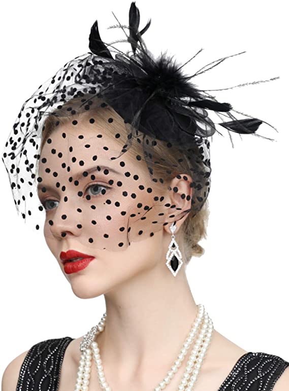 Black Feather, Floral and Polka Dotted Birdcage Veil