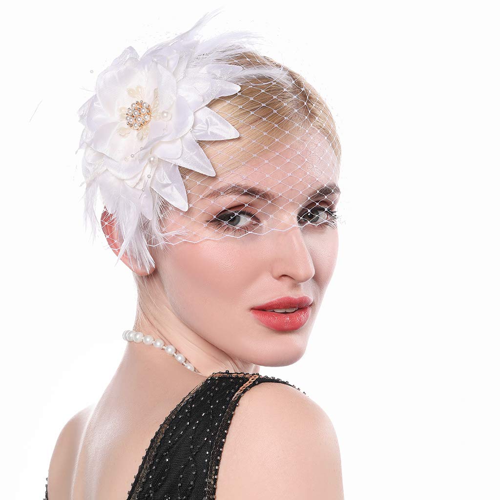 1920s Flapper Feather Hair Clip with Birdcage Veil