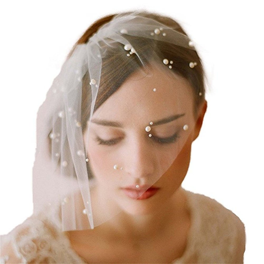 Elegant Ivory Bridal Birdcage Veil with Pearls and Comb