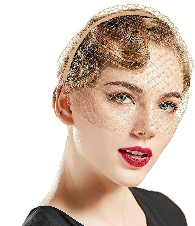 Champagne 1920s Flapper Fascinator Mesh Veil