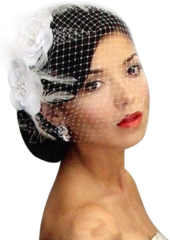 White Bridal Birdcage Veil Flower Crystal