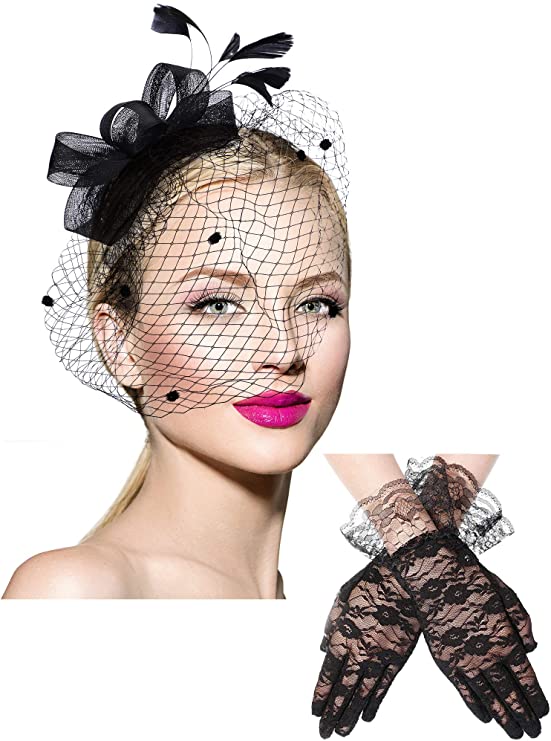Black Fascinator Hat With Lace and Feathers