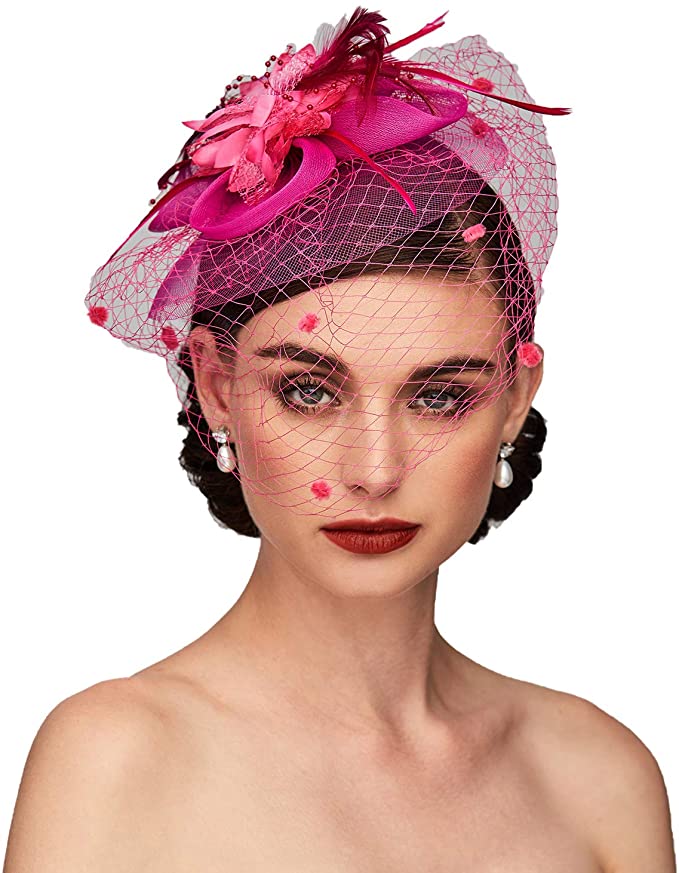 Hot Pink Elegant Feather Birdcage Veil  with Feather Floral Flower Polka Dot