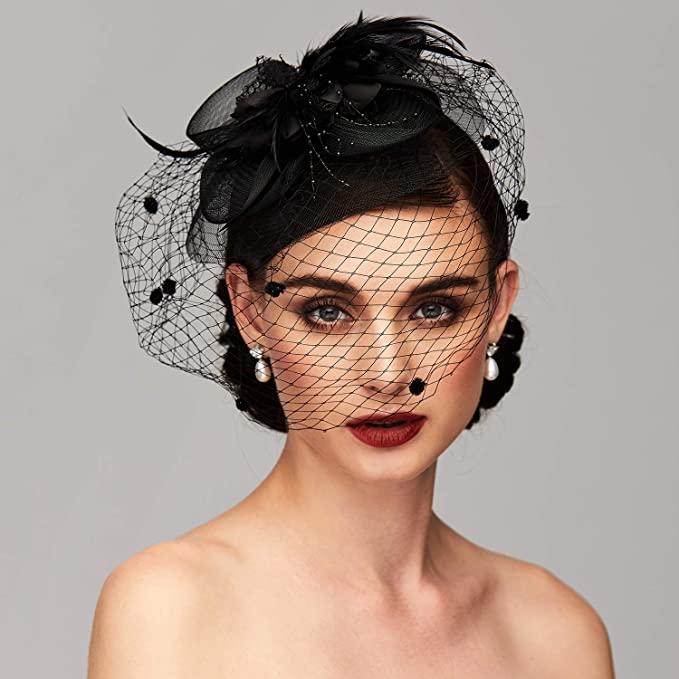Black Floral and Feather Net Wedding Headpiece