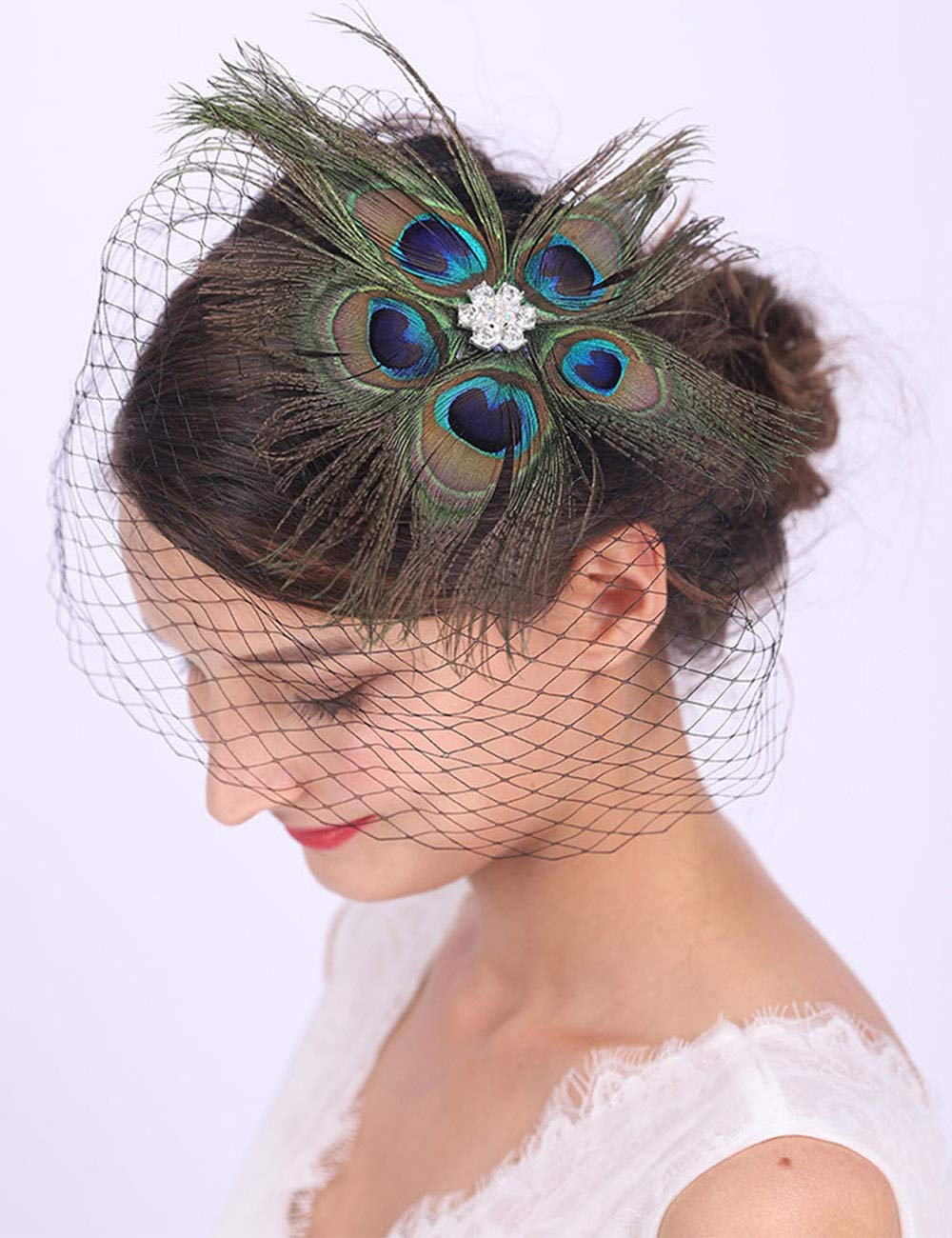 Peacock Feather Hair Clip with Black Veil
